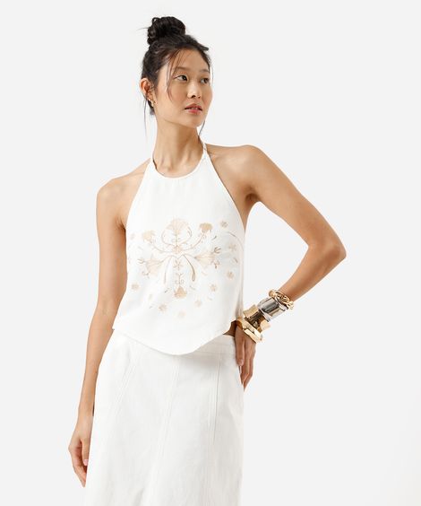 blusa frente única feminina de sarja com bordado floral off white