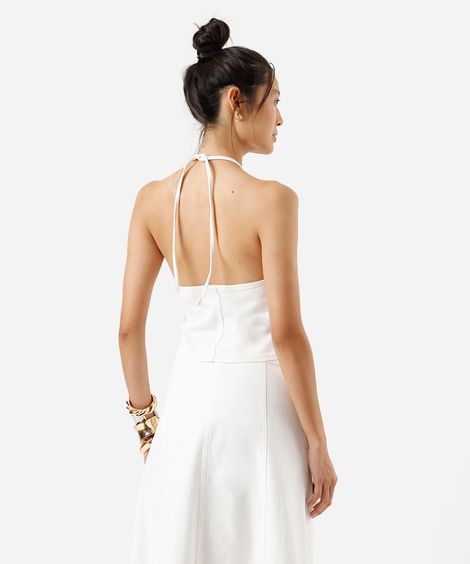 blusa frente única feminina de sarja com bordado floral off white