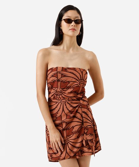 vestido curto sem alça feminino de viscose com amarração folhagens marrom