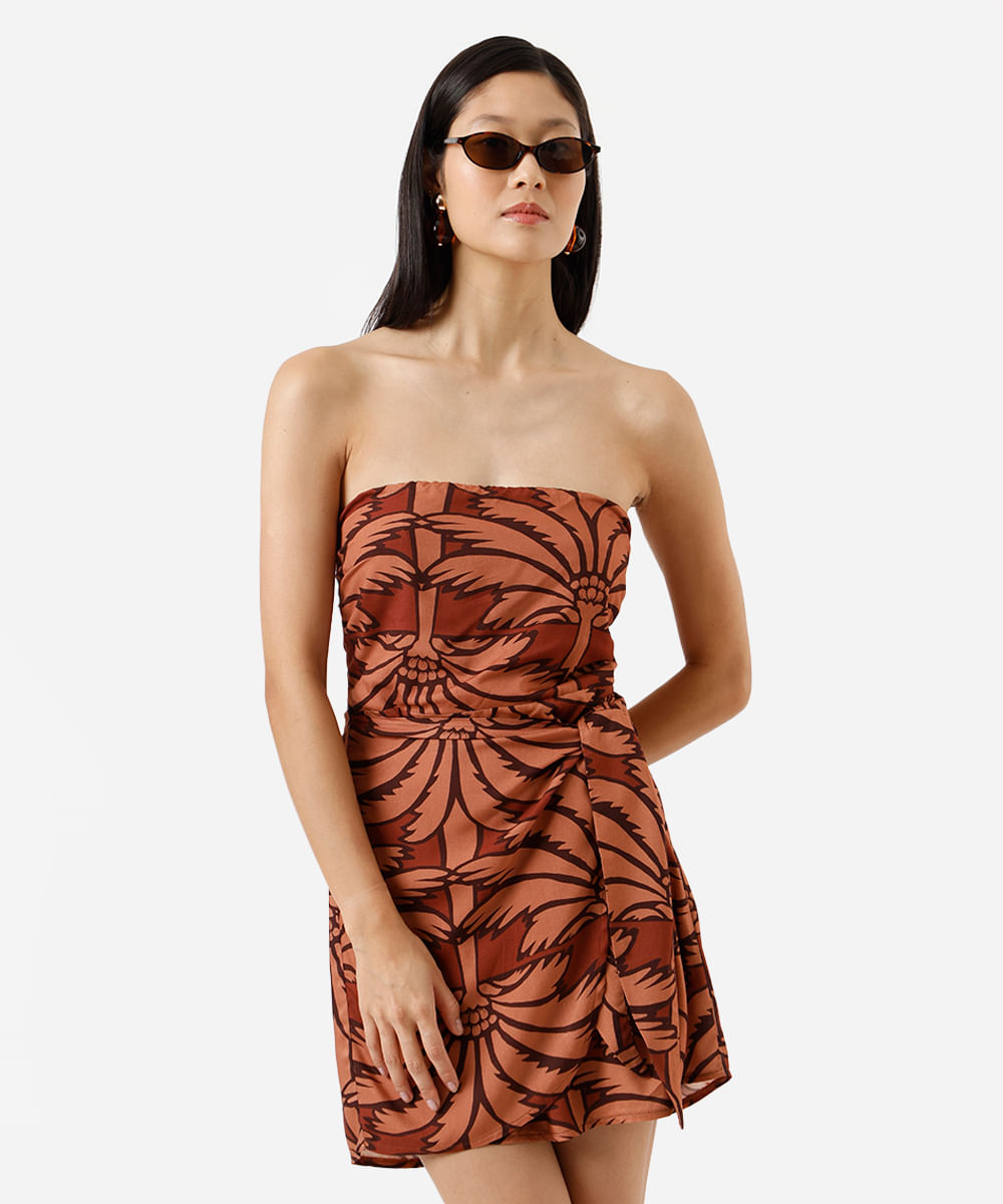 vestido curto sem alça feminino de viscose com amarração folhagens marrom