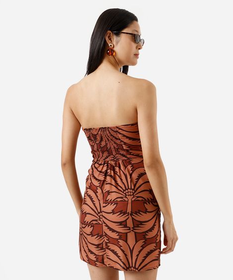 vestido curto sem alça feminino de viscose com amarração folhagens marrom