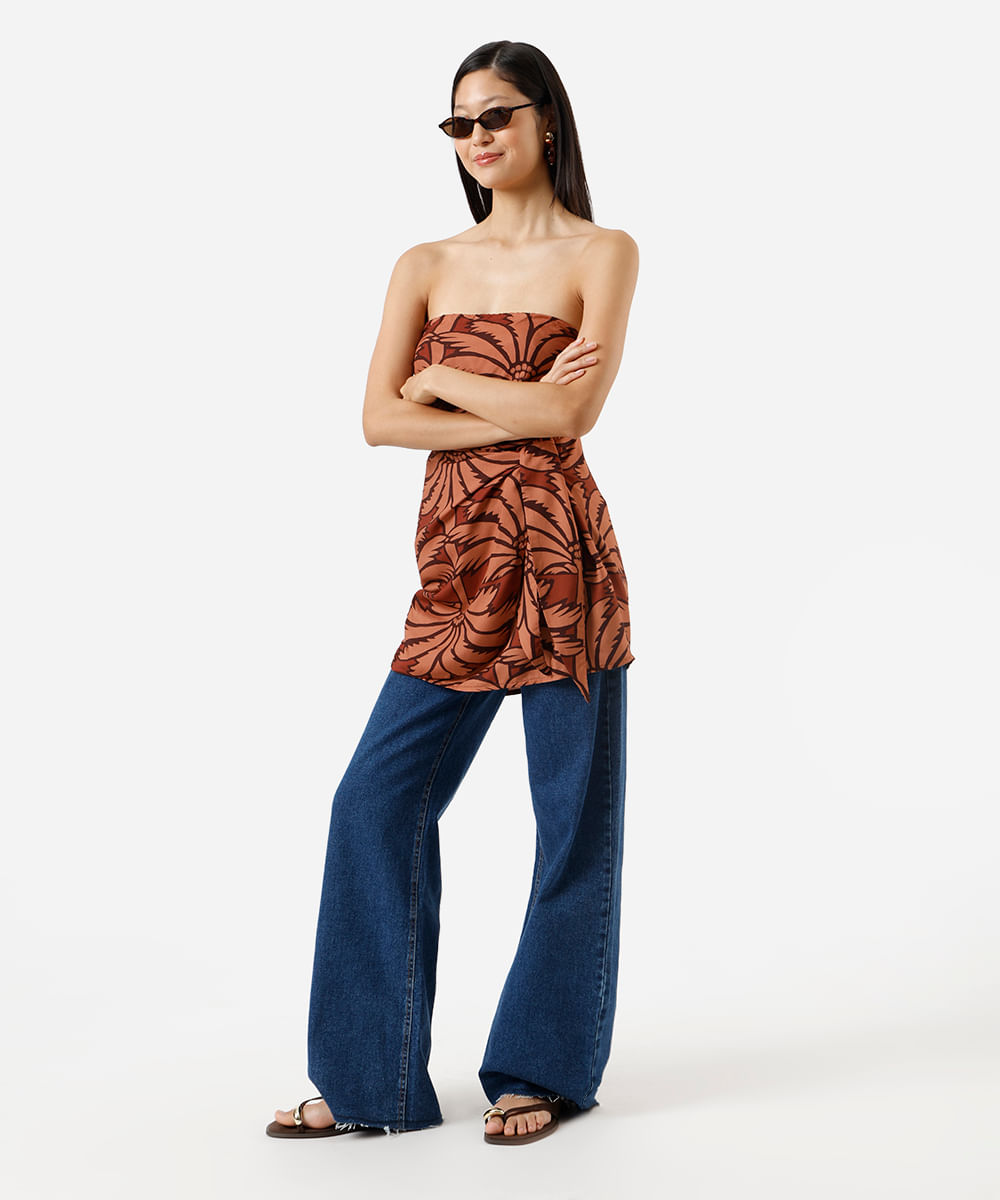 vestido curto sem alça feminino de viscose com amarração folhagens marrom