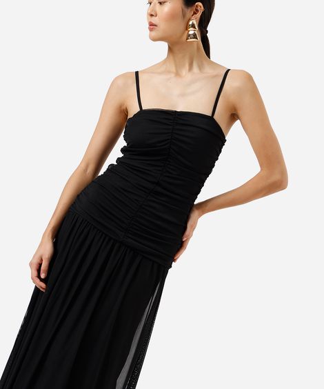 vestido midi alça fina feminino de tule franzido preto