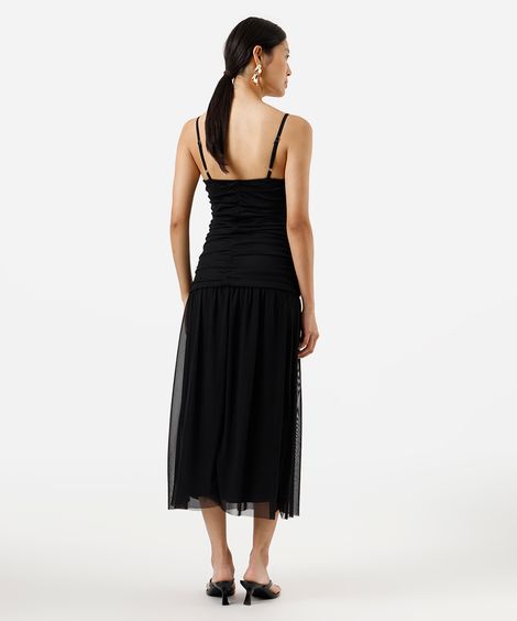 vestido midi alça fina feminino de tule franzido preto