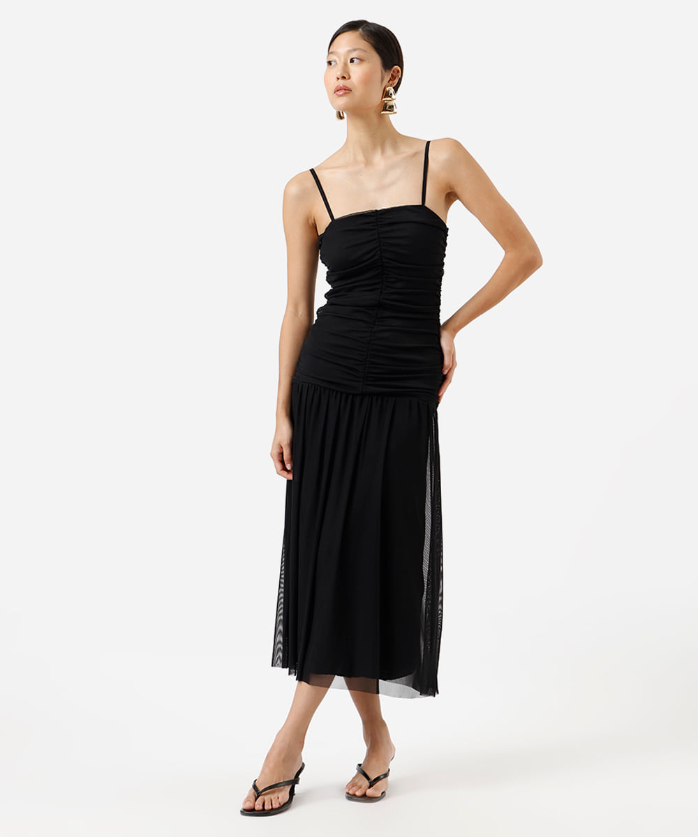 vestido midi alça fina feminino de tule franzido preto