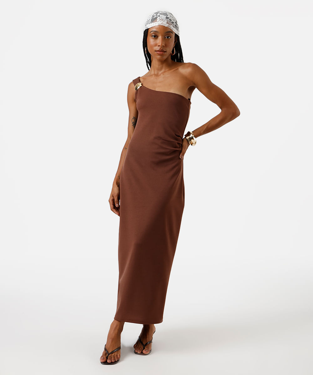 vestido midi feminino ombro único franzido marrom