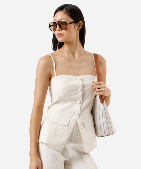 blusa alça fina feminina com linho e fenda bege