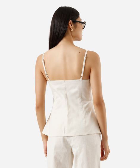 blusa alça fina feminina com linho e fenda bege