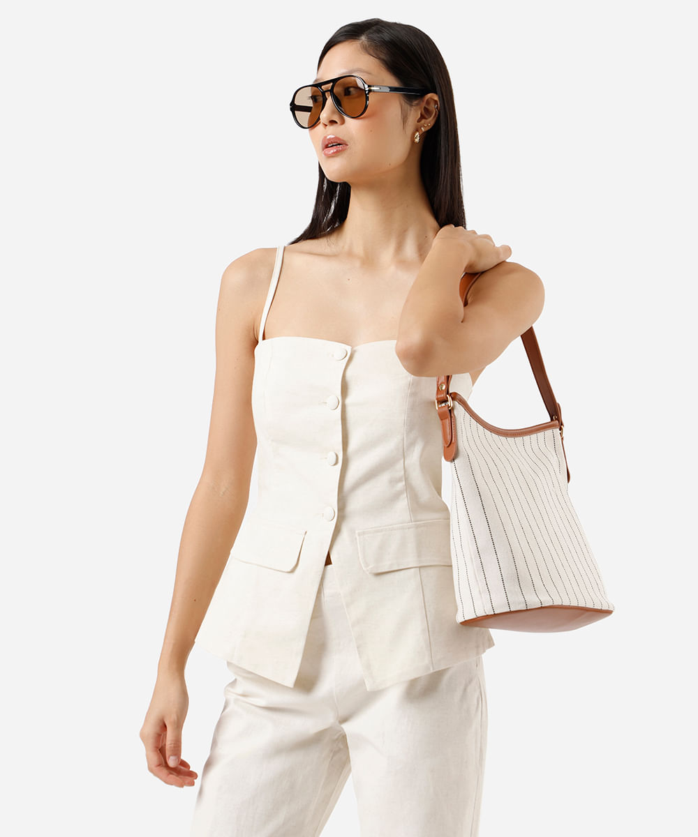 blusa alça fina feminina com linho e fenda bege