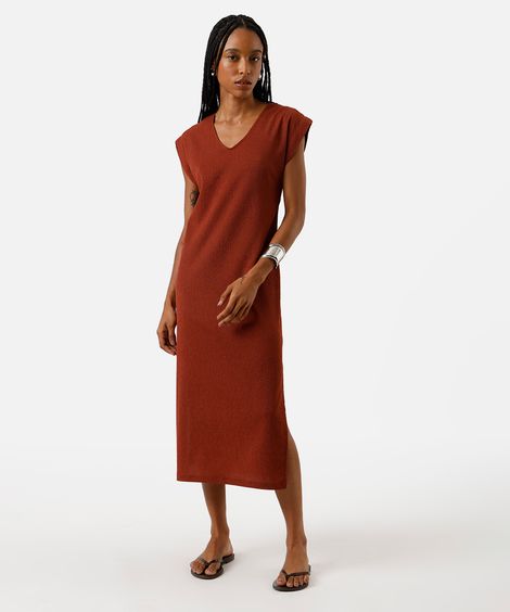 vestido midi muscle feminino com fendas texturizado básico marrom