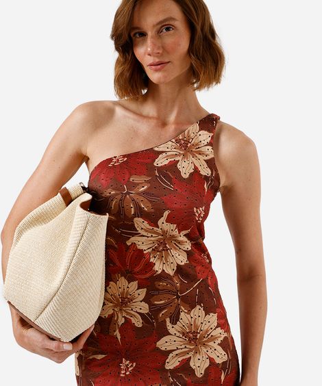 vestido curto feminino ombro único de laise floral marrom