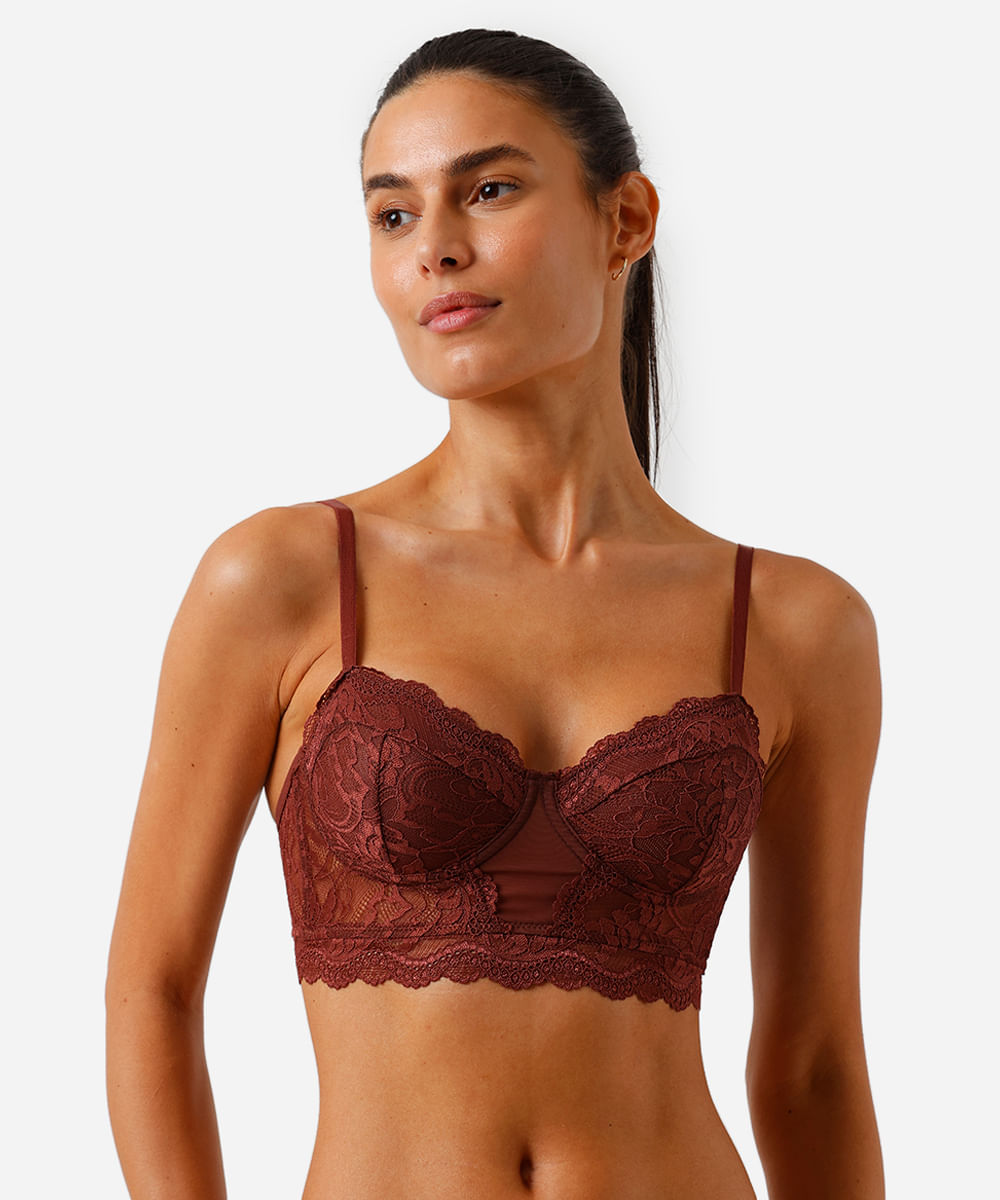 sutiã meia taça cropped com renda  marrom