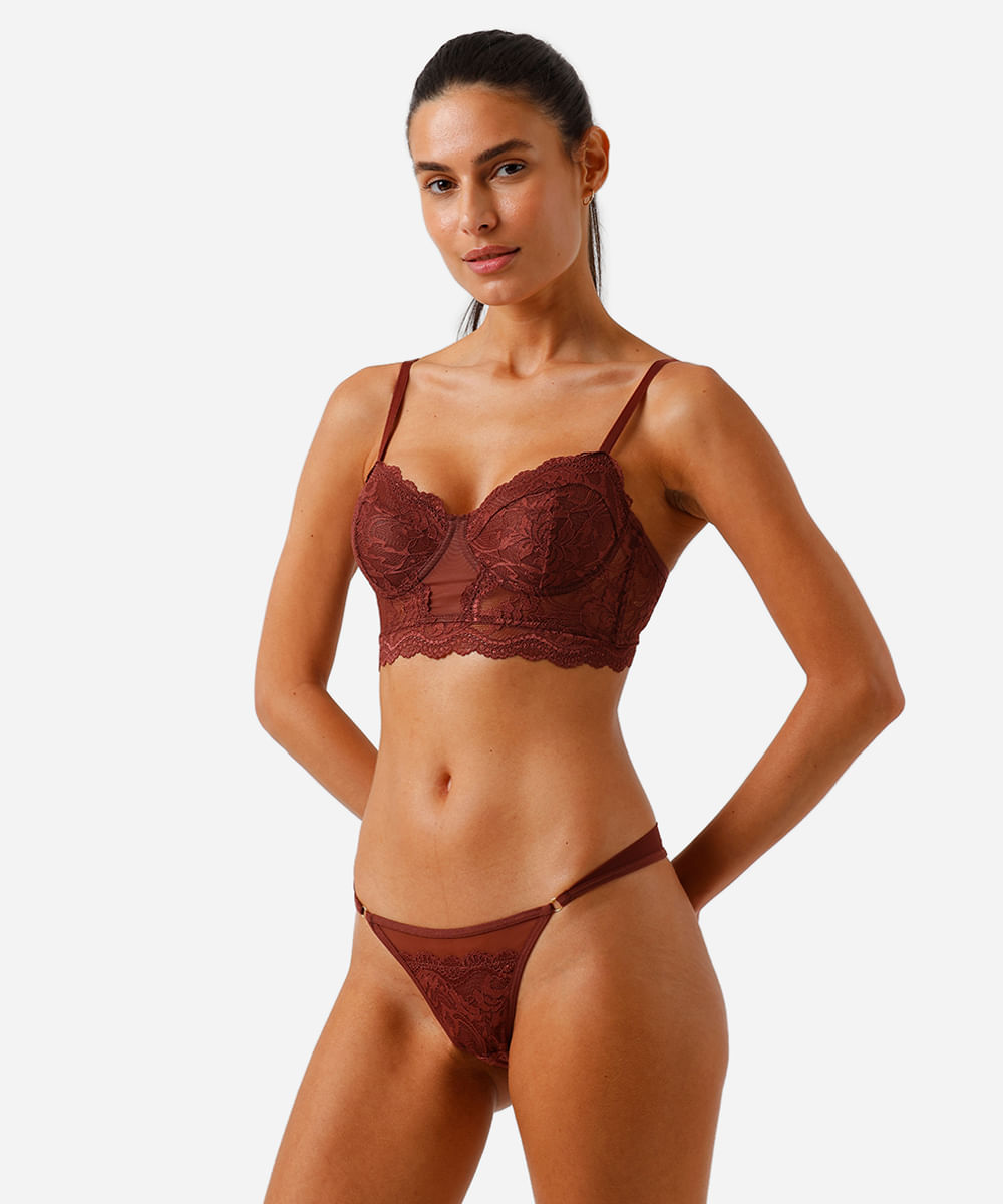 sutiã meia taça cropped com renda  marrom
