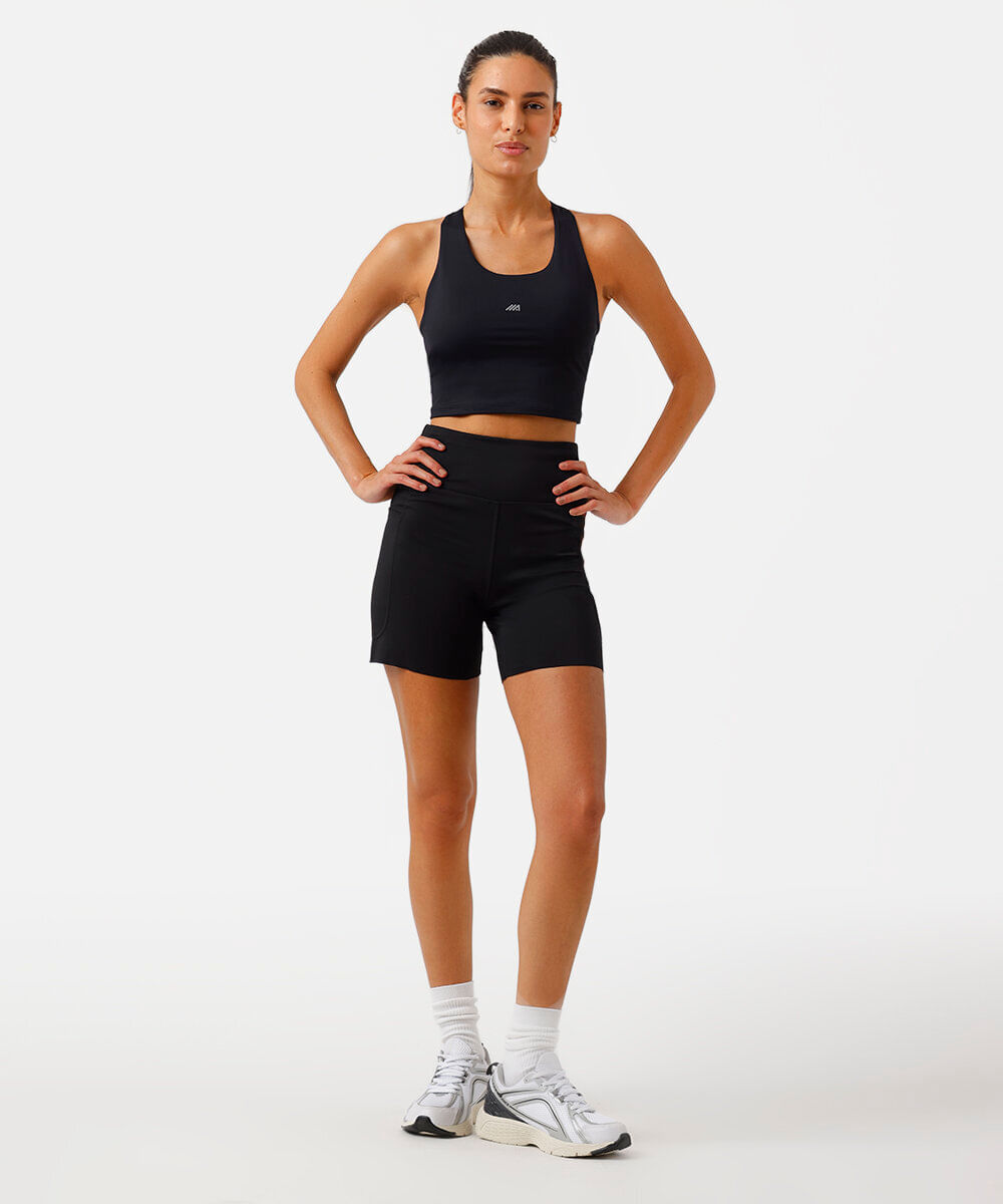 top nadador feminino esportivo com bolsos e refletivo preto