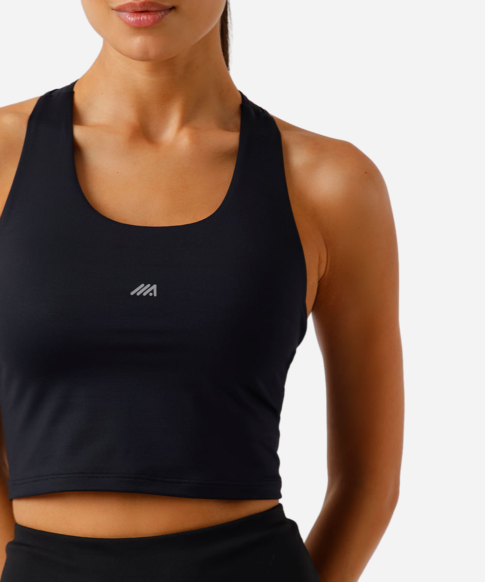 top nadador feminino esportivo com bolsos e refletivo preto