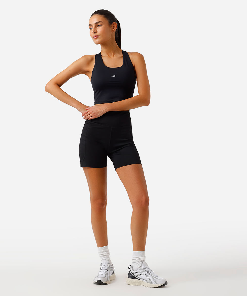 top nadador feminino esportivo com bolsos e refletivo preto