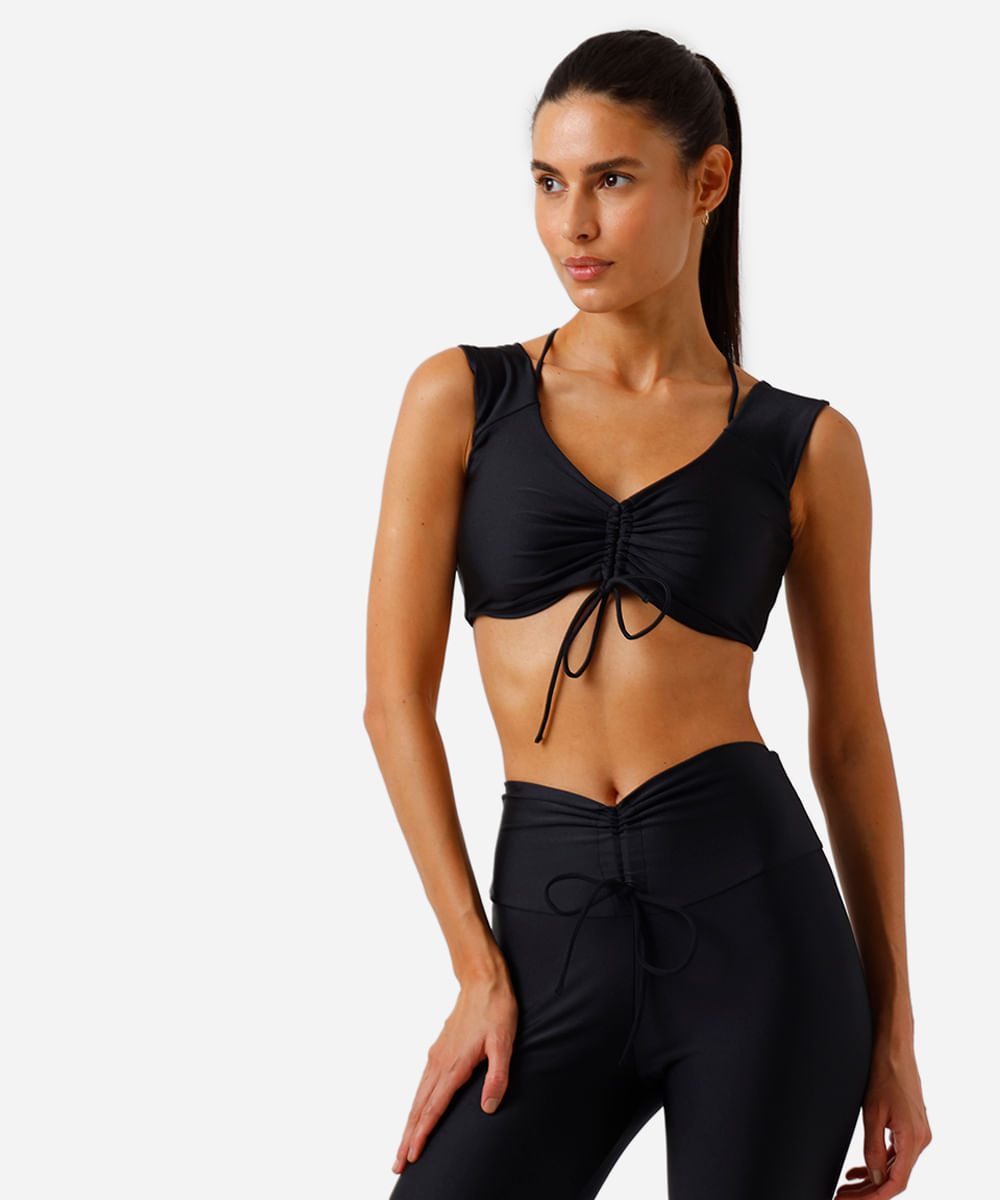 top feminino esportivo franzido preto