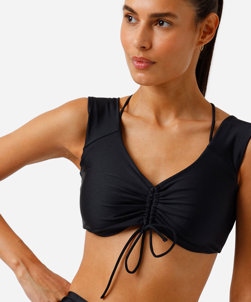 top feminino esportivo franzido preto