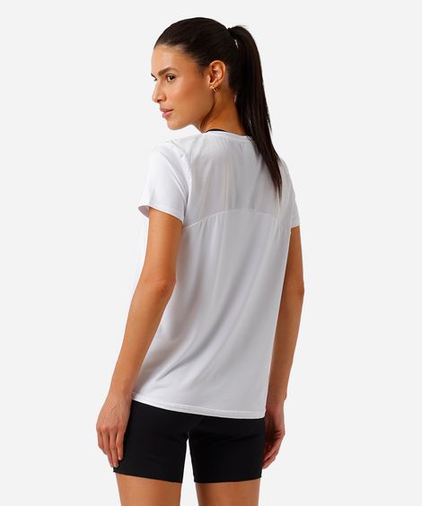 camiseta esportiva feminina com recorte e refletivos branca