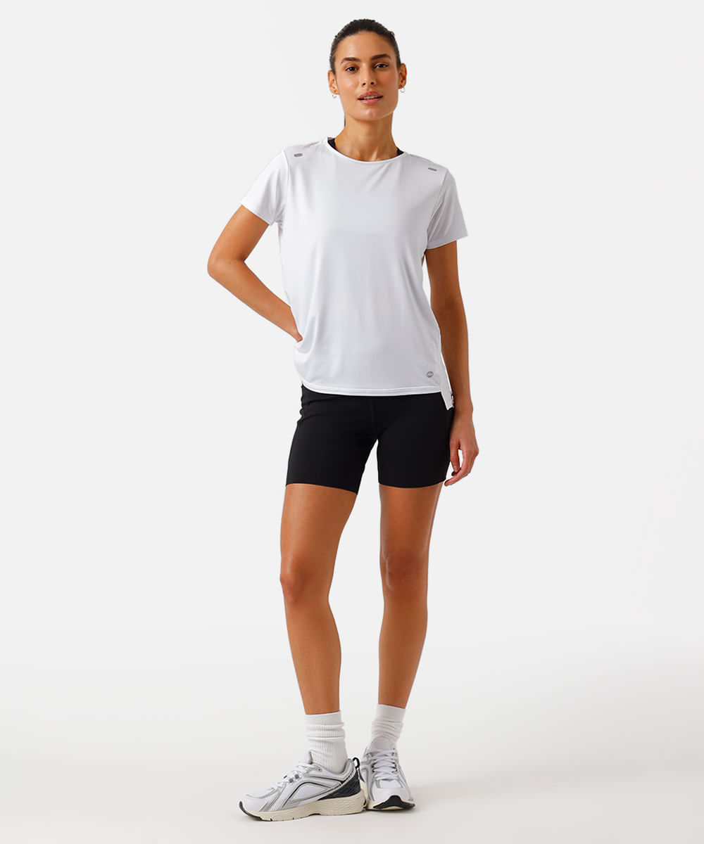 camiseta feminina esportiva ace com recorte e refletivos branca