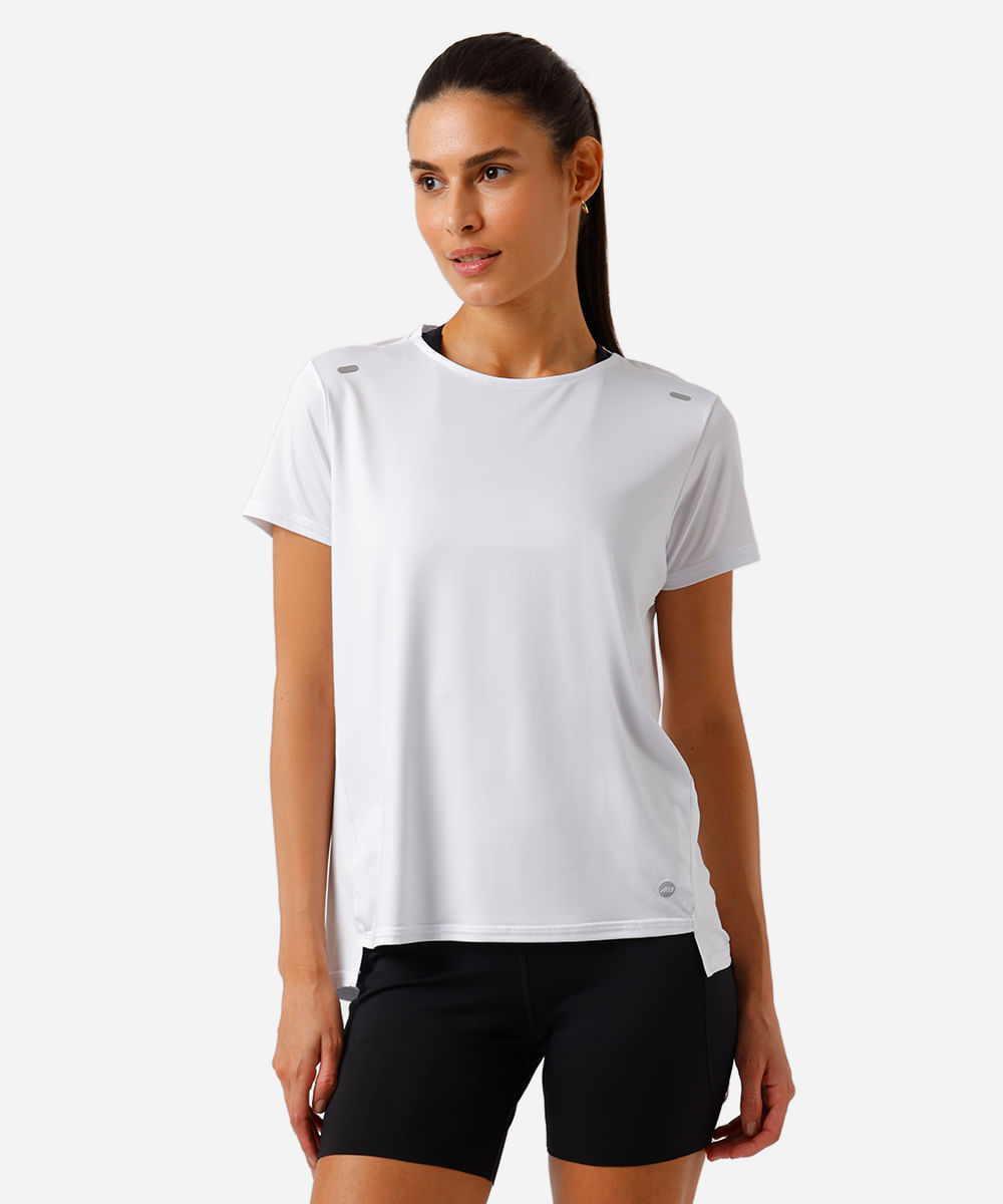 camiseta feminina esportiva ace com recorte e refletivos branca