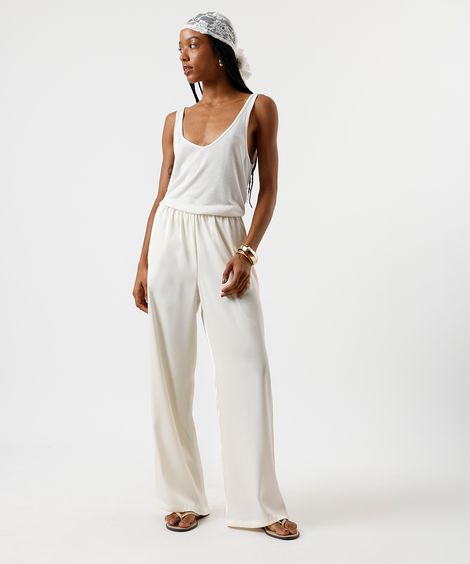 calça estilo pijama feminina cós elástico acetinada bege