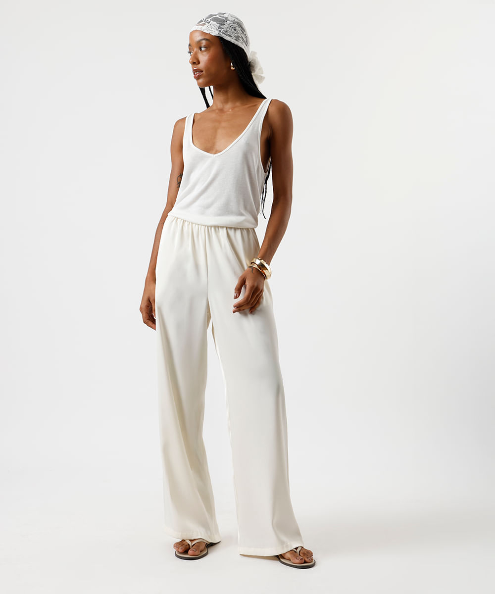 calça estilo pijama feminina cós elástico acetinada bege