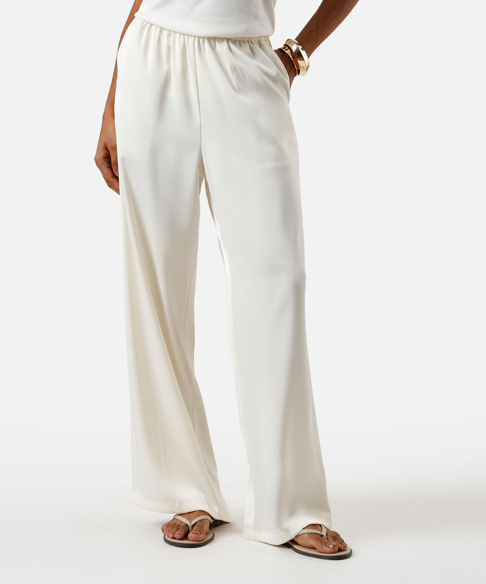 calça estilo pijama feminina cós elástico acetinada bege