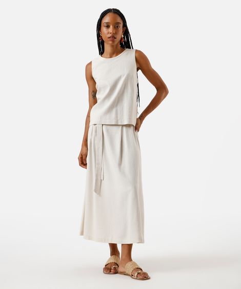 saia midi com linho e pregas bege