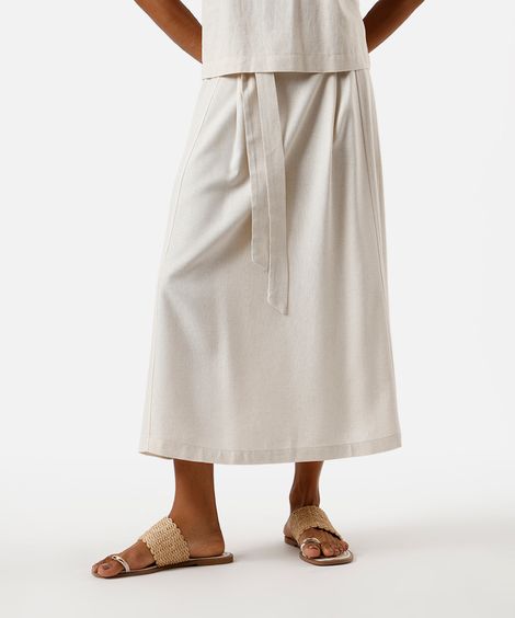 saia midi com linho e pregas bege