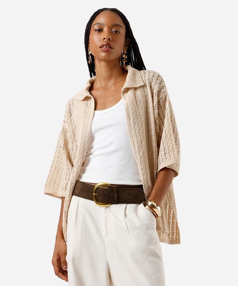 camisa feminina de tricot aberta bege