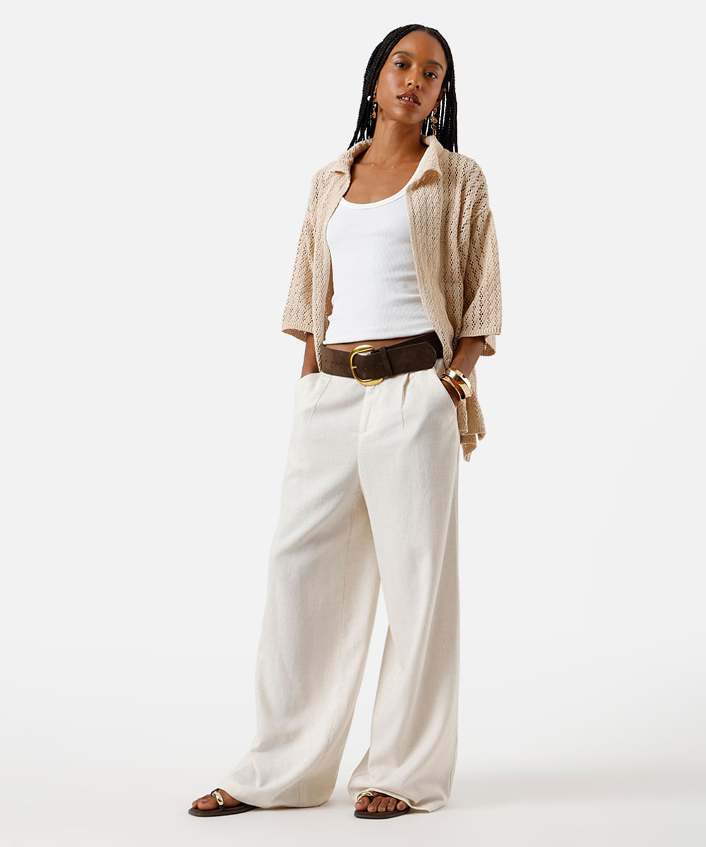 camisa feminina de tricot aberta bege