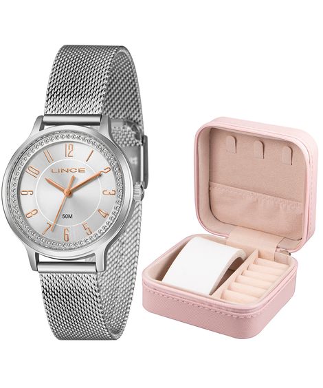 kit relógio feminino lince analógico  lrmh260l36 s2sx pj prateado