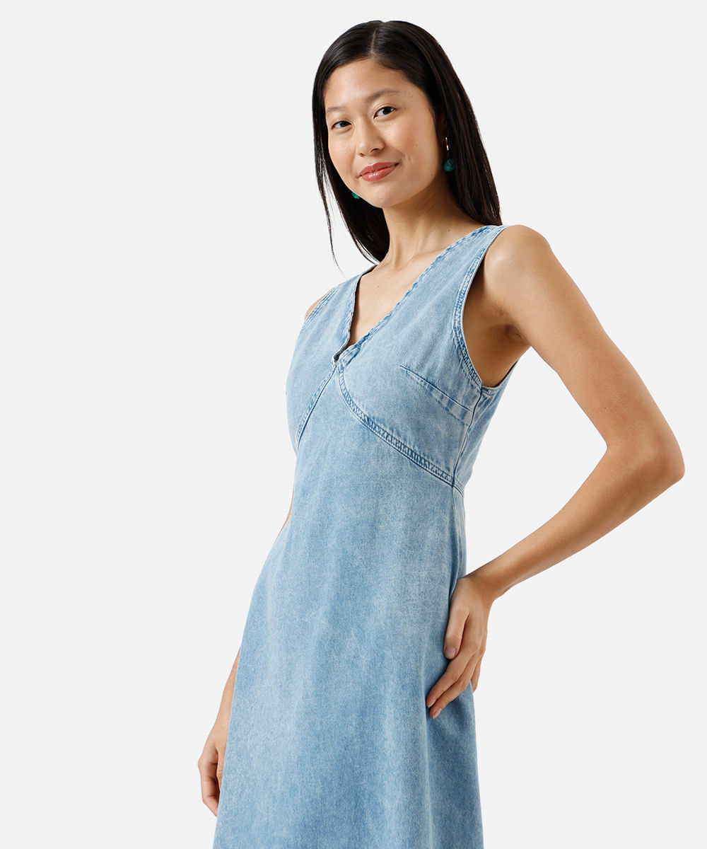 vestido midi feminino jeans com recorte decote v azul