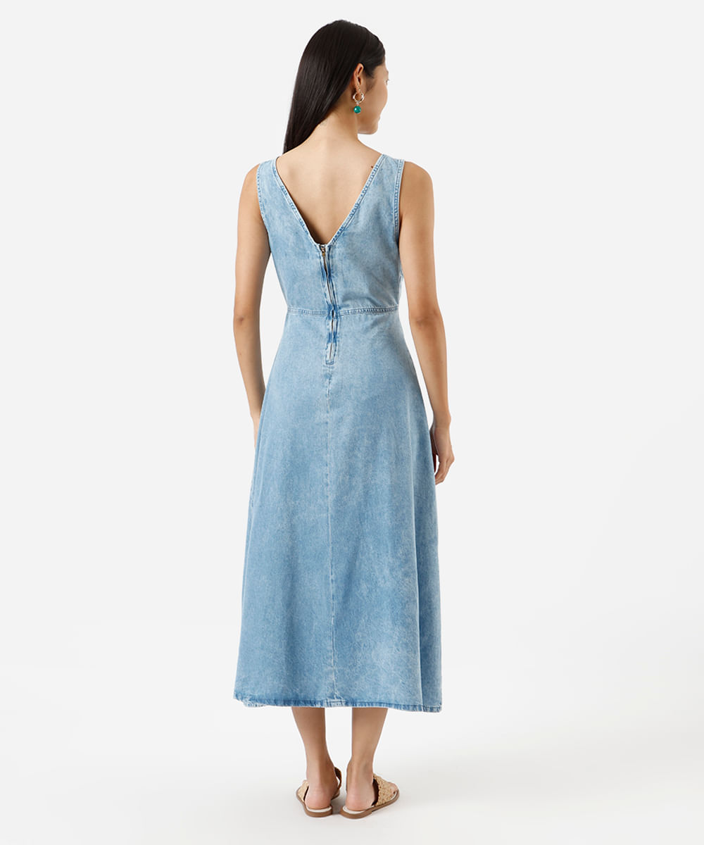 vestido midi feminino jeans com recorte decote v azul