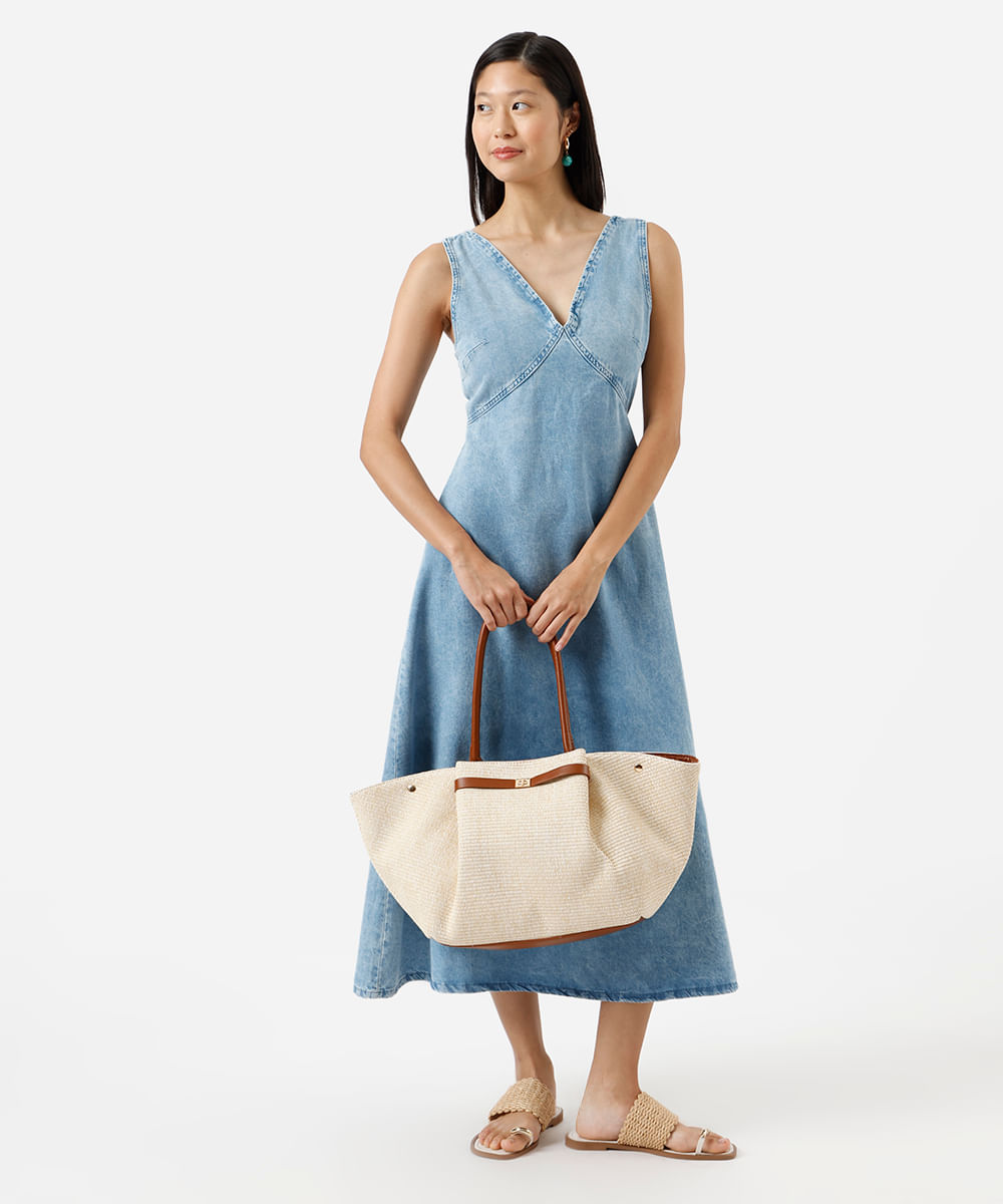 vestido midi feminino jeans com recorte decote v azul