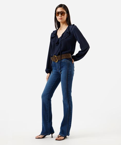 calça boot cut feminina jeans com nervuras sawary azul
