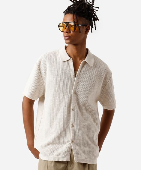 camisa masculina de tricot manga curta texturizada bege