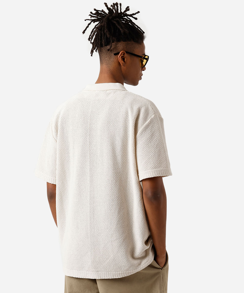 camisa masculina de tricot manga curta texturizada bege