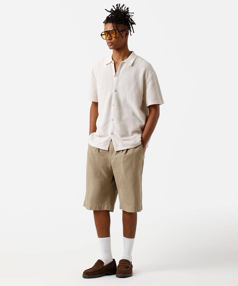 camisa masculina de tricot manga curta texturizada bege