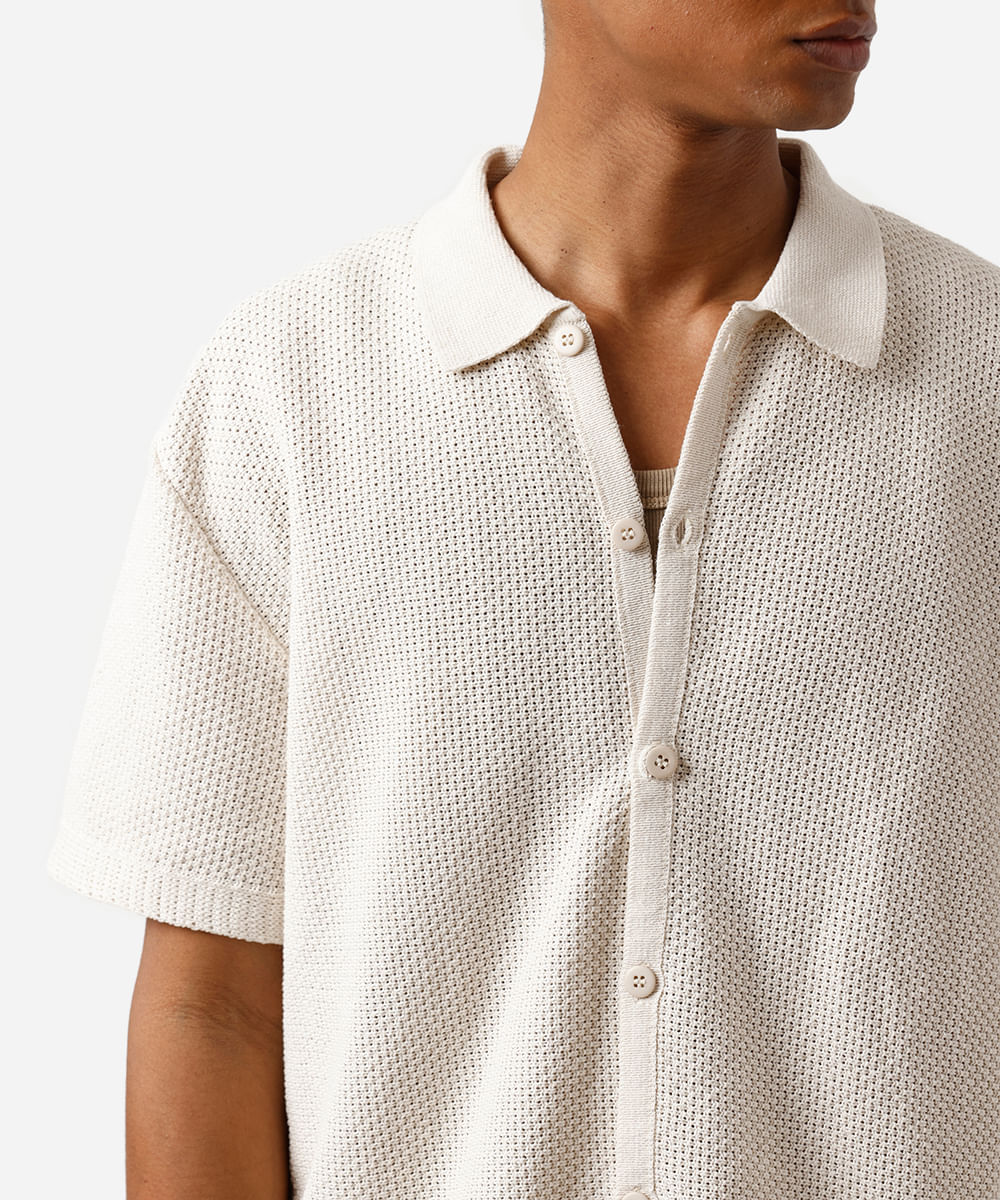 camisa masculina de tricot manga curta texturizada bege