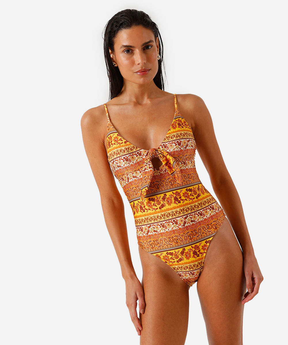 maiô feminino de poliamida com recorte floral amarelo