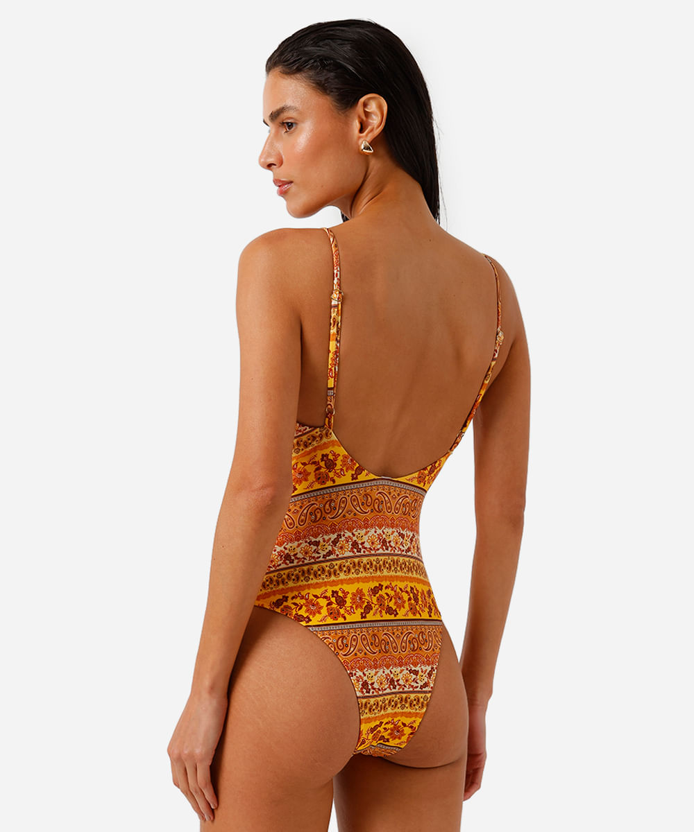 maiô feminino de poliamida com recorte floral amarelo