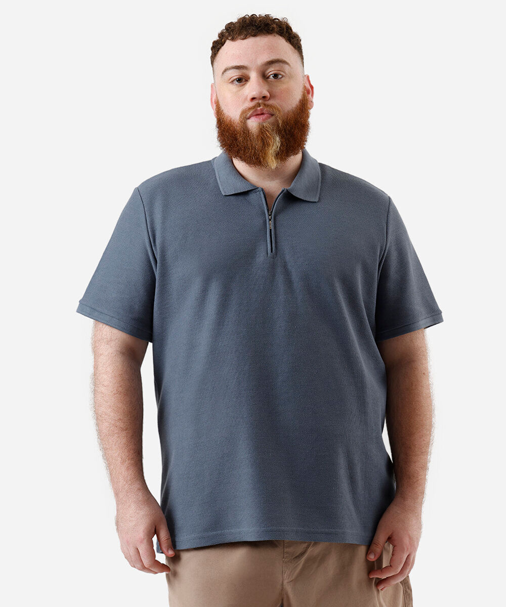 polo masculina com zíper texturizada plus size azul