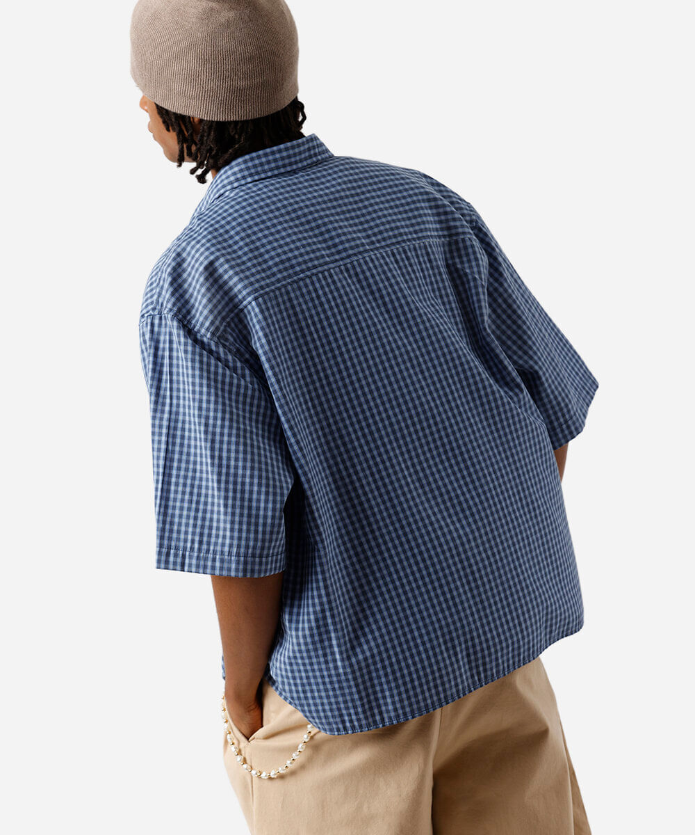 camisa box masculina com algodão manga curta xadrez azul