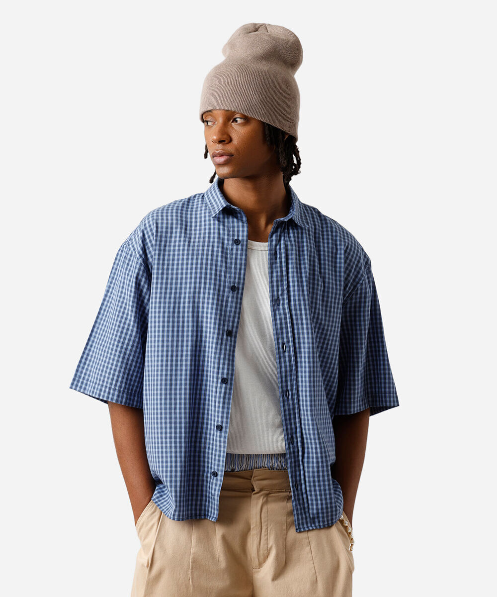 camisa box masculina com algodão manga curta xadrez azul