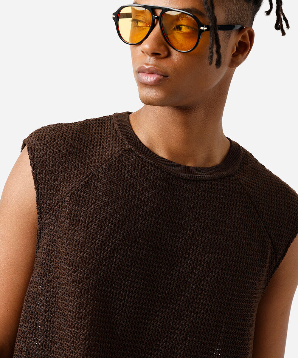 regata raglan masculina de tricot texturizada marrom