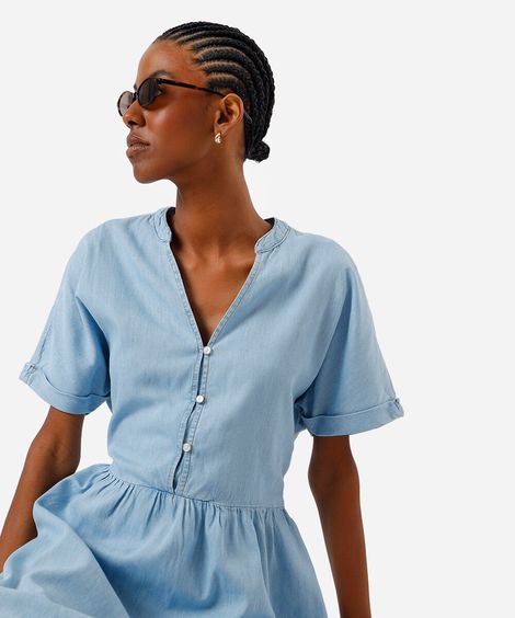 vestido curto feminino jeans decote v azul