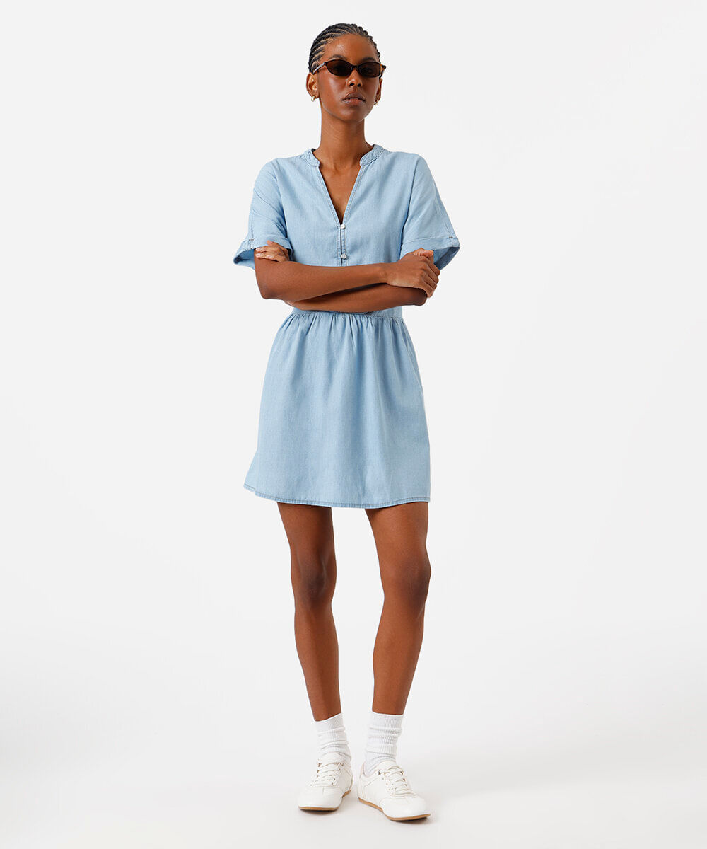 vestido curto feminino jeans decote v azul