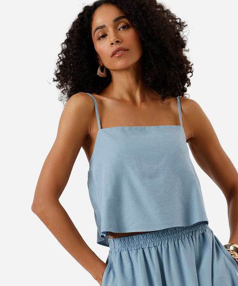 blusa cropped feminina alça fina com linho azul